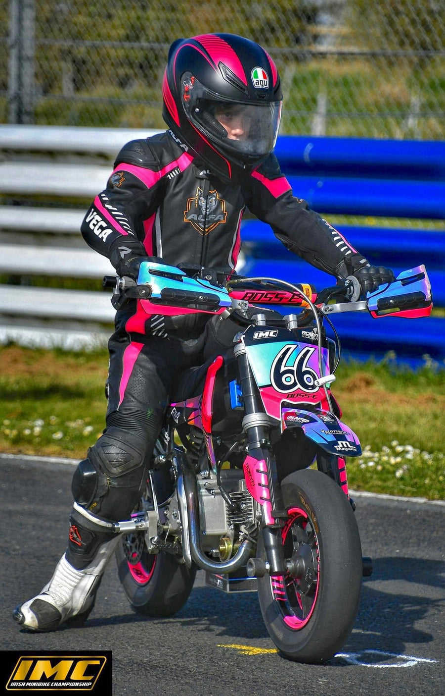 ALFA Vega Kids Motorcycle Racing Leather Suit (Black/Pink)