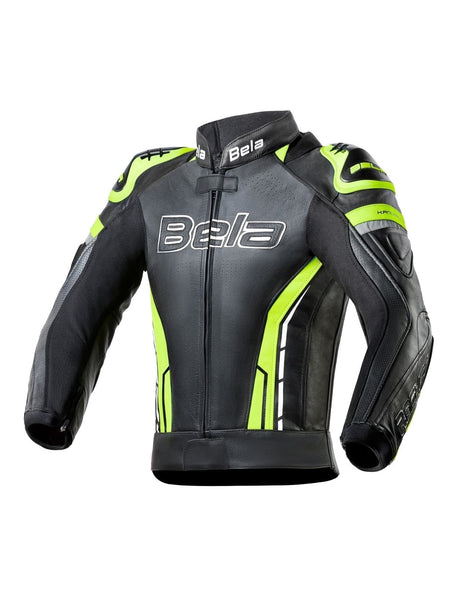 Bela Rocket Motorcycle Mix Kangaroo Mens Leather Jacket for 2PC Black Fluro Yellow
