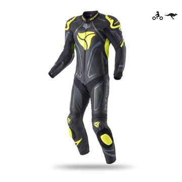 R-Tech Rising Star Motorcycle Cow/Kangaroo Leather Racing Suit - CE Certified - (Black/Fluorescent Yellow) - DublinLeather