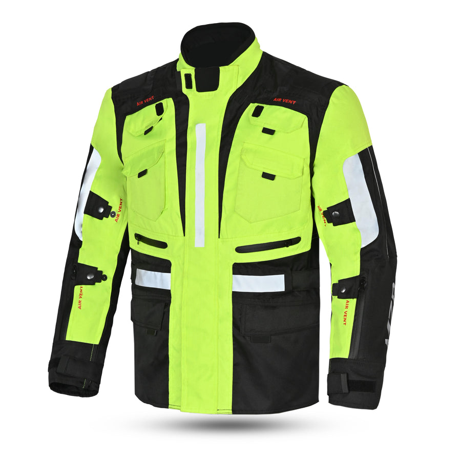 MZB Thunder Mens All Season Motorcycle Touring Waterproof Textile Jacket - Black/Neon