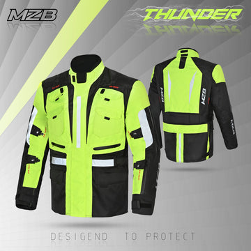 MZB Thunder Mens All Season Motorcycle Touring Waterproof Textile Jacket - Black/Neon