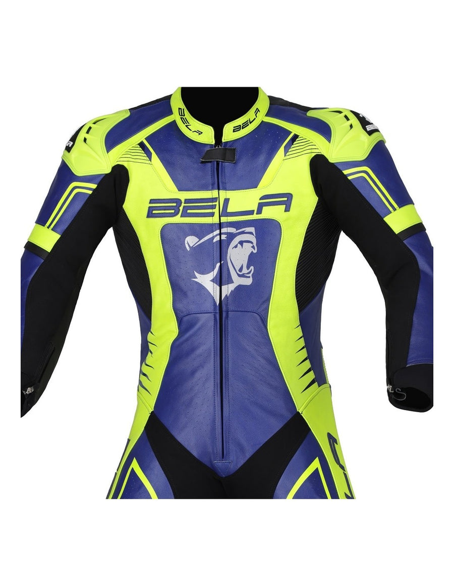 Bela X-Race High Performance Motorcycle Racing 1PC Leather Suit - Blue/ Fluro Yellow