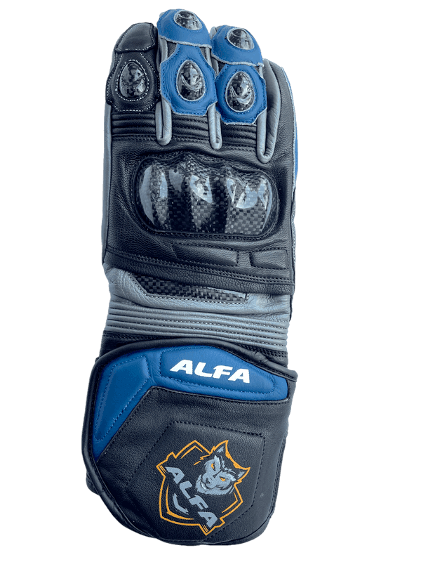 ALFA Vega Long Motorcycle Racing Gloves - Black/Dunlop Blue
