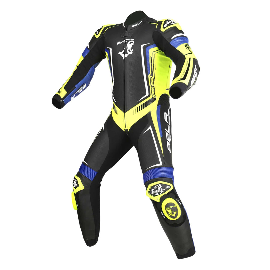 Bela Beast High Performance Motorcycle Racing 1PC Leather Suit - Black/Yellow/Blue