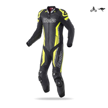 Bela Rocket Motorcycle Mix Kangaroo Leather Racing Suit - CE Certified - (Black/Fluro Yellow) - DublinLeather