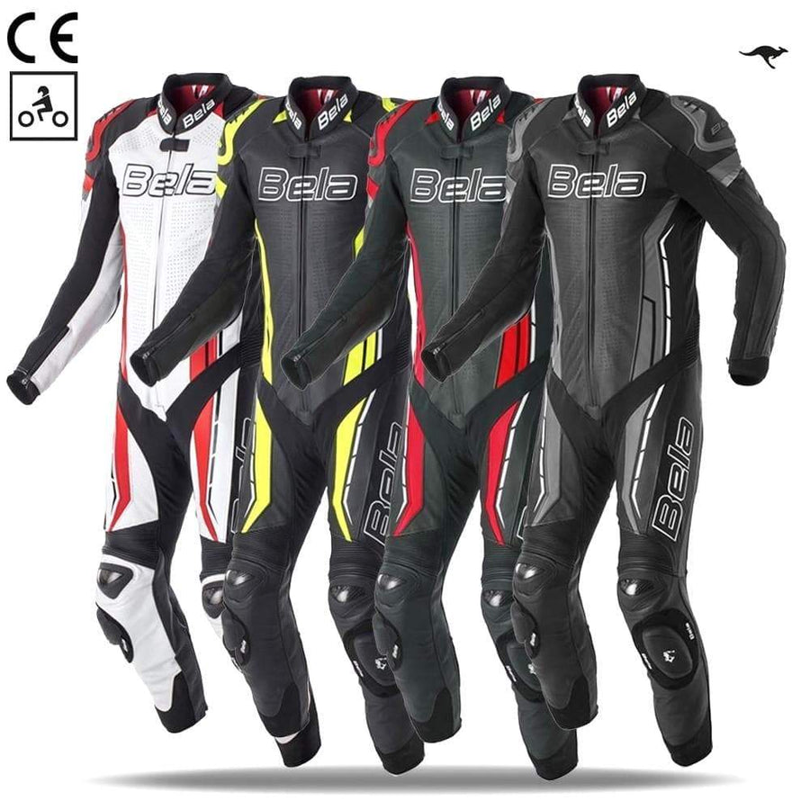 Bela Rocket Motorcycle Mix Kangaroo Leather Racing Suit - CE Certified - (White/Black/Red) - DublinLeather