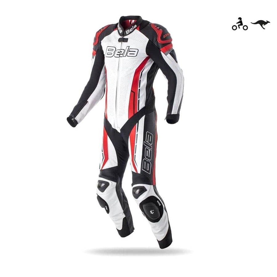 Bela Rocket Motorcycle Mix Kangaroo Leather Racing Suit - CE Certified - (White/Black/Red) - DublinLeather