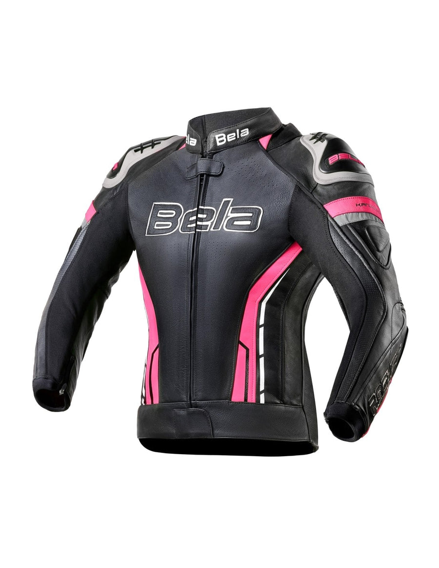 Bela Rocket Motorcycle Mix Kangaroo Leather Ladies Jacket for 2PC (Black/Pink) - DublinLeather