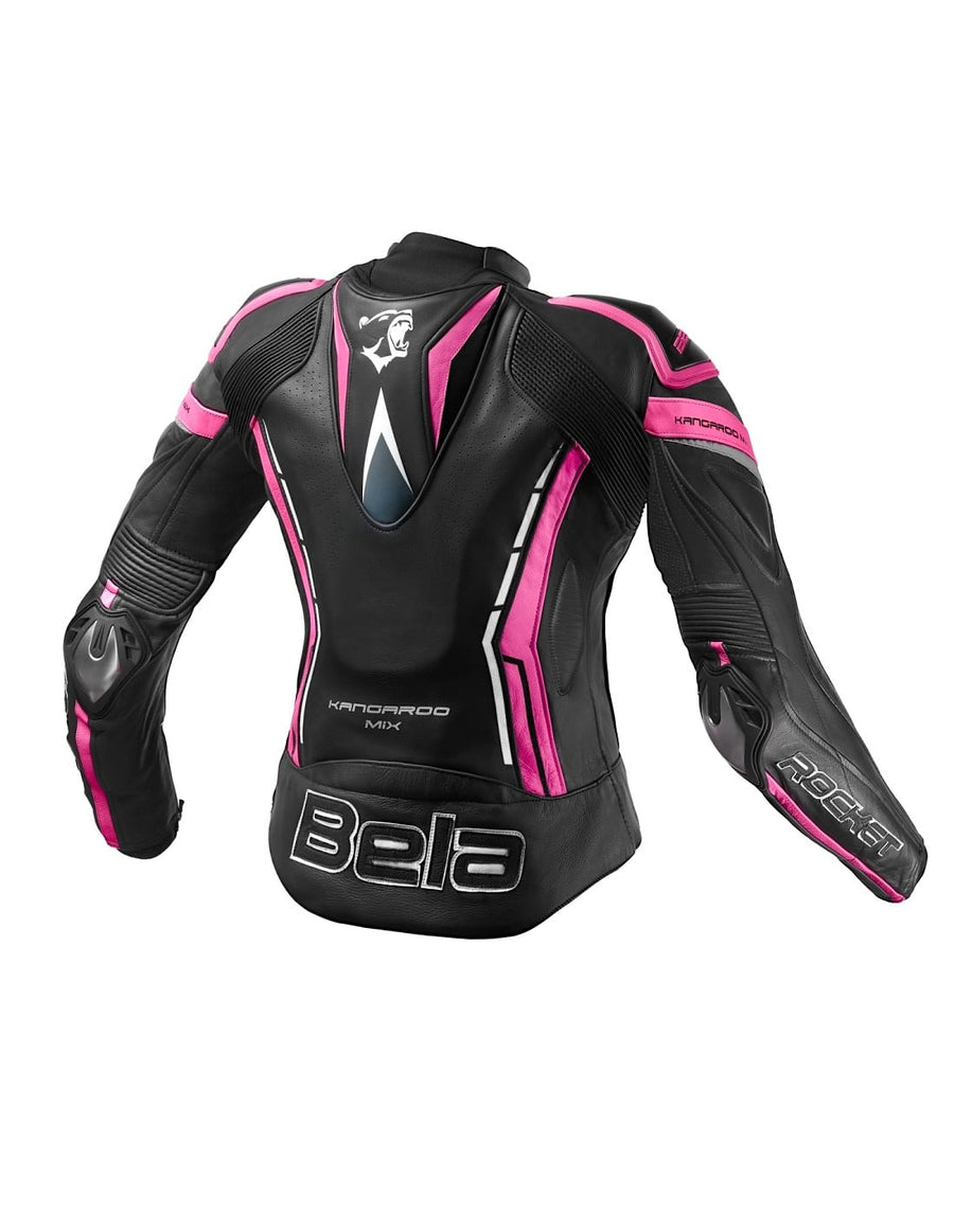 Bela Rocket Motorcycle Mix Kangaroo Leather Ladies Jacket for 2PC (Black/Pink) - DublinLeather