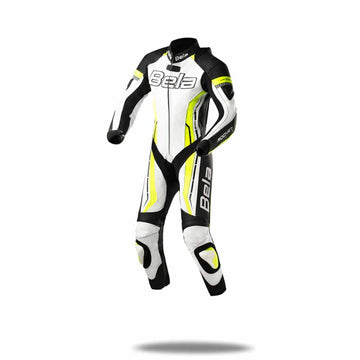 Bela Rocket Kids Motorcycle Premium Cowhide-Kangaroo Mix Racing Leather Suit - CE Certified - (White/Black/Yellow) - DublinLeather
