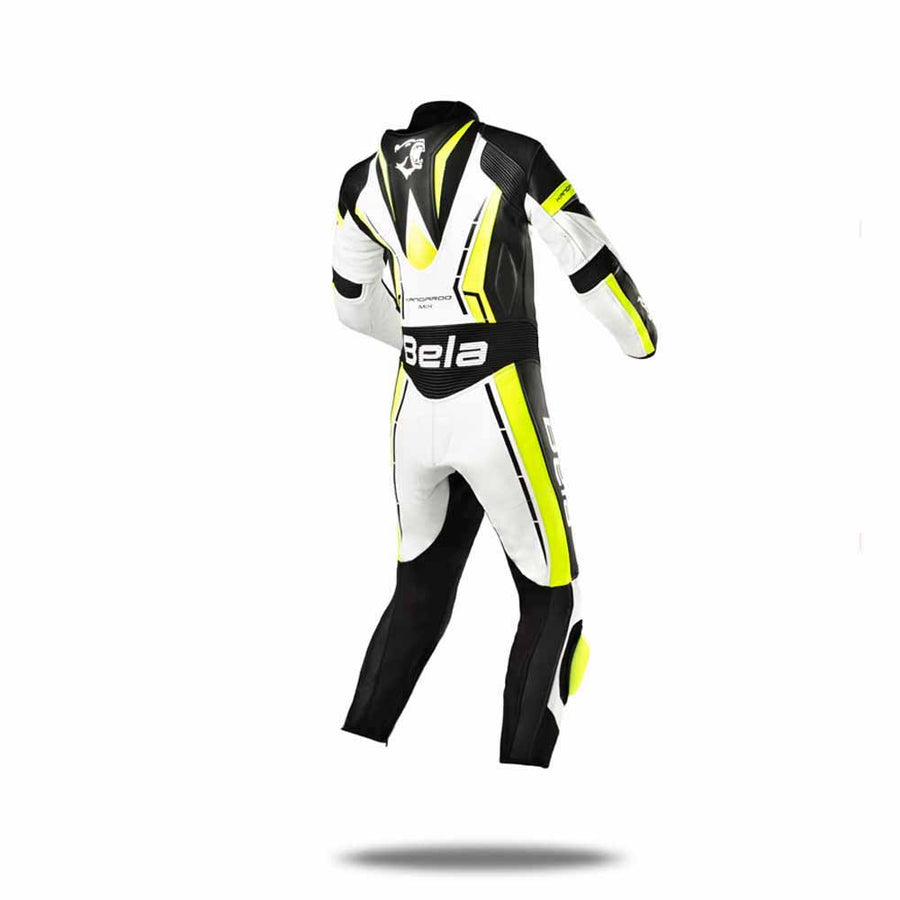 Bela Rocket Kids Motorcycle Premium Cowhide-Kangaroo Mix Racing Leather Suit - CE Certified - (White/Black/Yellow) - DublinLeather