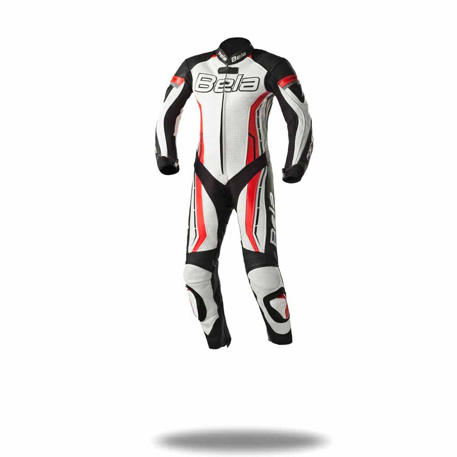 Bela Rocket Kids Motorcycle Premium Cowhide-Kangaroo Mix Racing Leather Suit - CE Certified - (White/Black/Red) - DublinLeather