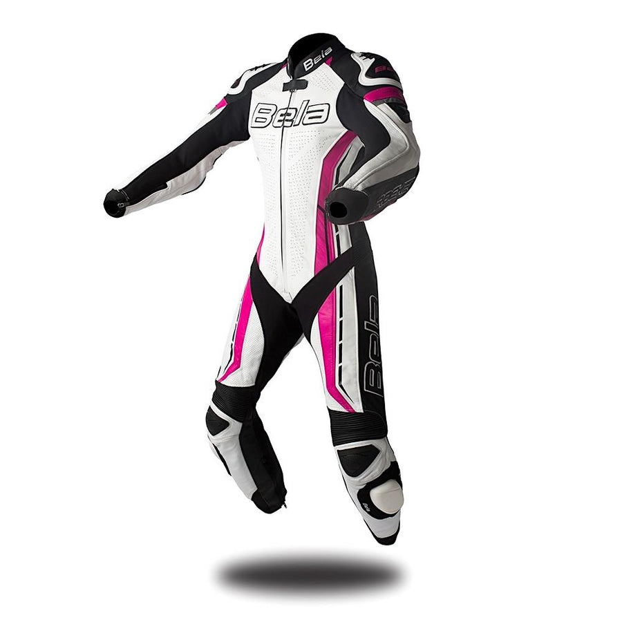 Bela Rocket Lady Biker Mix Kangaroo Leather Racing Suit - CE Certified - (White/Pink/Black) - DublinLeather