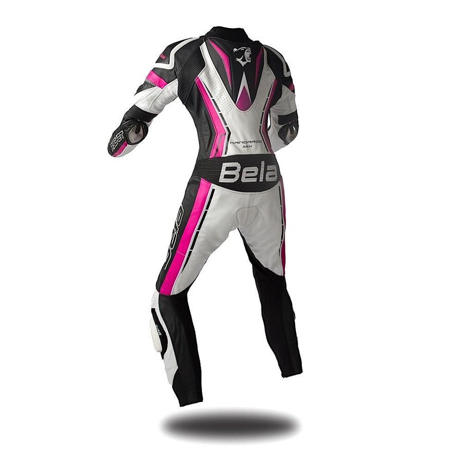 Bela Rocket Lady Biker Mix Kangaroo Leather Racing Suit - CE Certified - (White/Pink/Black) - DublinLeather