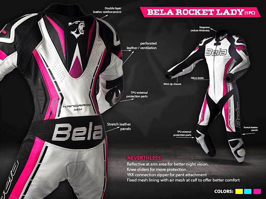 Bela Rocket Lady Biker Mix Kangaroo Leather Racing Suit - CE Certified - (White/Pink/Black) - DublinLeather