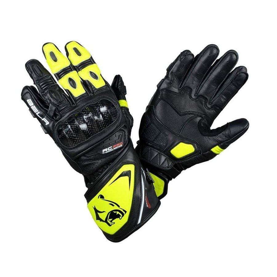 Bela Rocket Long Motorcycle Racing Gloves - Black/Fluro Yellow - DublinLeather