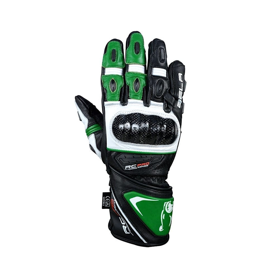 Bela Rocket Long Motorcycle Racing Gloves - Black/Green/White - DublinLeather