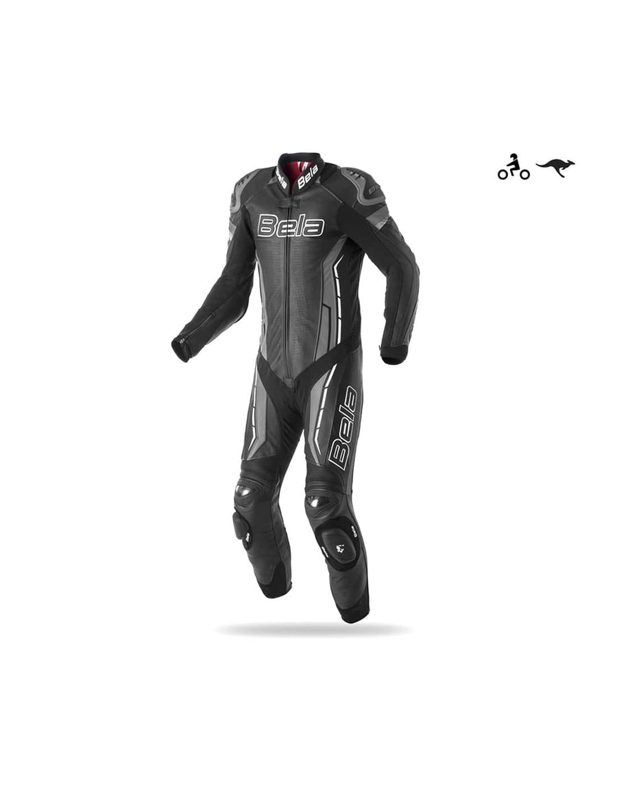 Bela Rocket Motorcycle Mix Kangaroo Leather Racing Suit - CE Certified - (Black/Charcoal Grey) - DublinLeather