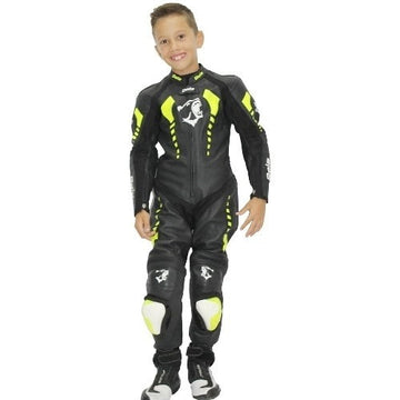 Bela Rollover Kids Motorcycle Cowhide Leather Suit - CE Certified - (Black/Fluro Yellow) - DublinLeather