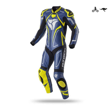 R-Tech Rising Star Motorcycle Cow/Kangaroo Leather Racing Suit - CE Certified -  (Blue/Fluro Yellow) - DublinLeather