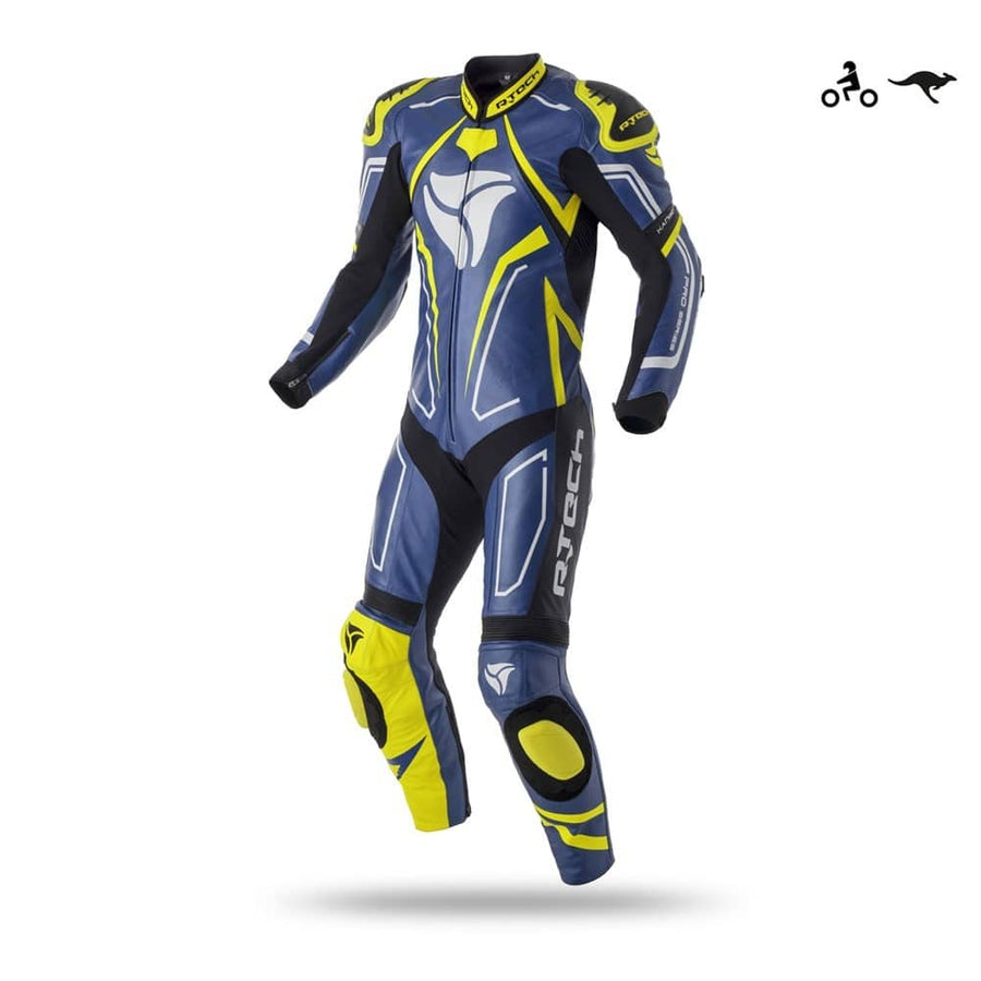 R-Tech Rising Star Motorcycle Cow/Kangaroo Leather Racing Suit - CE Certified -  (Blue/Fluro Yellow) - DublinLeather