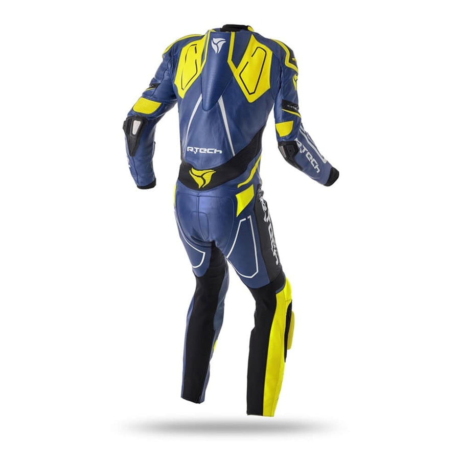 R-Tech Rising Star Motorcycle Cow/Kangaroo Leather Racing Suit - CE Certified -  (Blue/Fluro Yellow) - DublinLeather