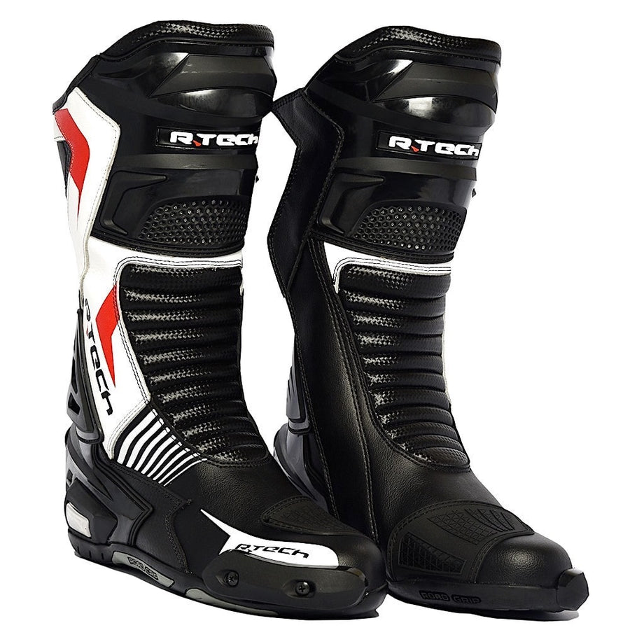 R-Tech Road Racer WaterProof Motorcycle Racing Leather Boots - Black/White - DublinLeather