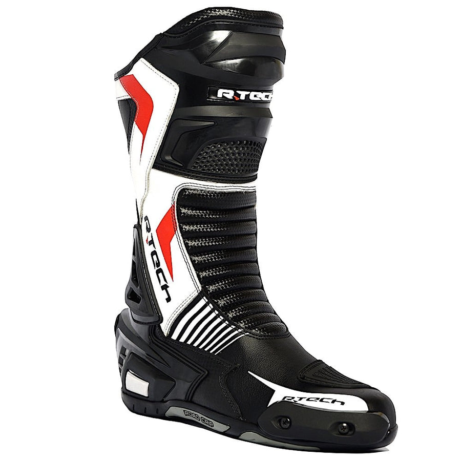 R-Tech Road Racer WaterProof Motorcycle Racing Leather Boots - Black/White - DublinLeather