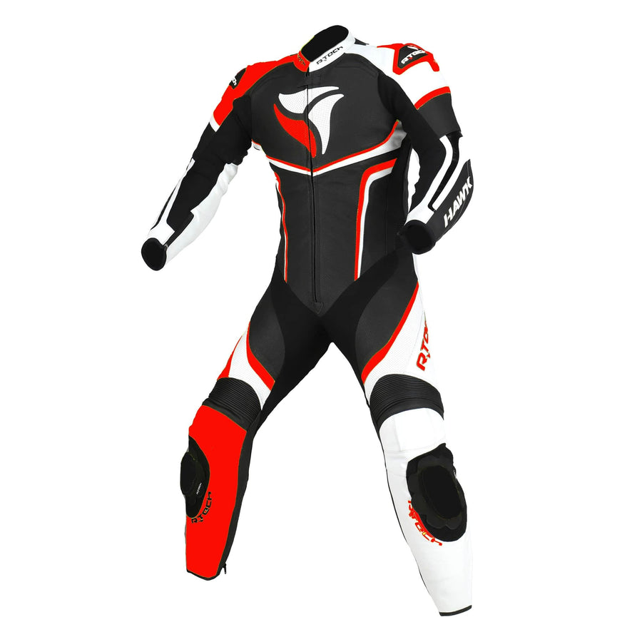 RTech Hawk Mens One Piece Premium Cowhide Motorcycle Suit - Black/Red/White