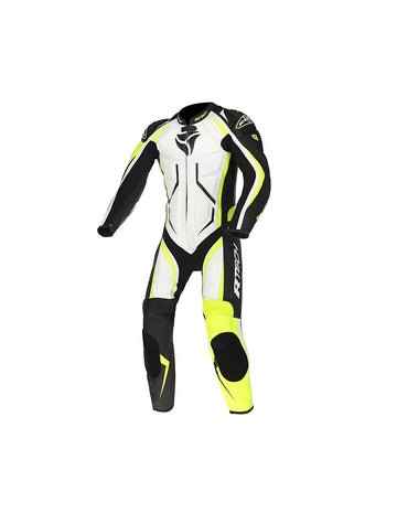 RTech Defender 1Pc Motorcycle GP Racing Suit - White/Fluro Yellow/Black