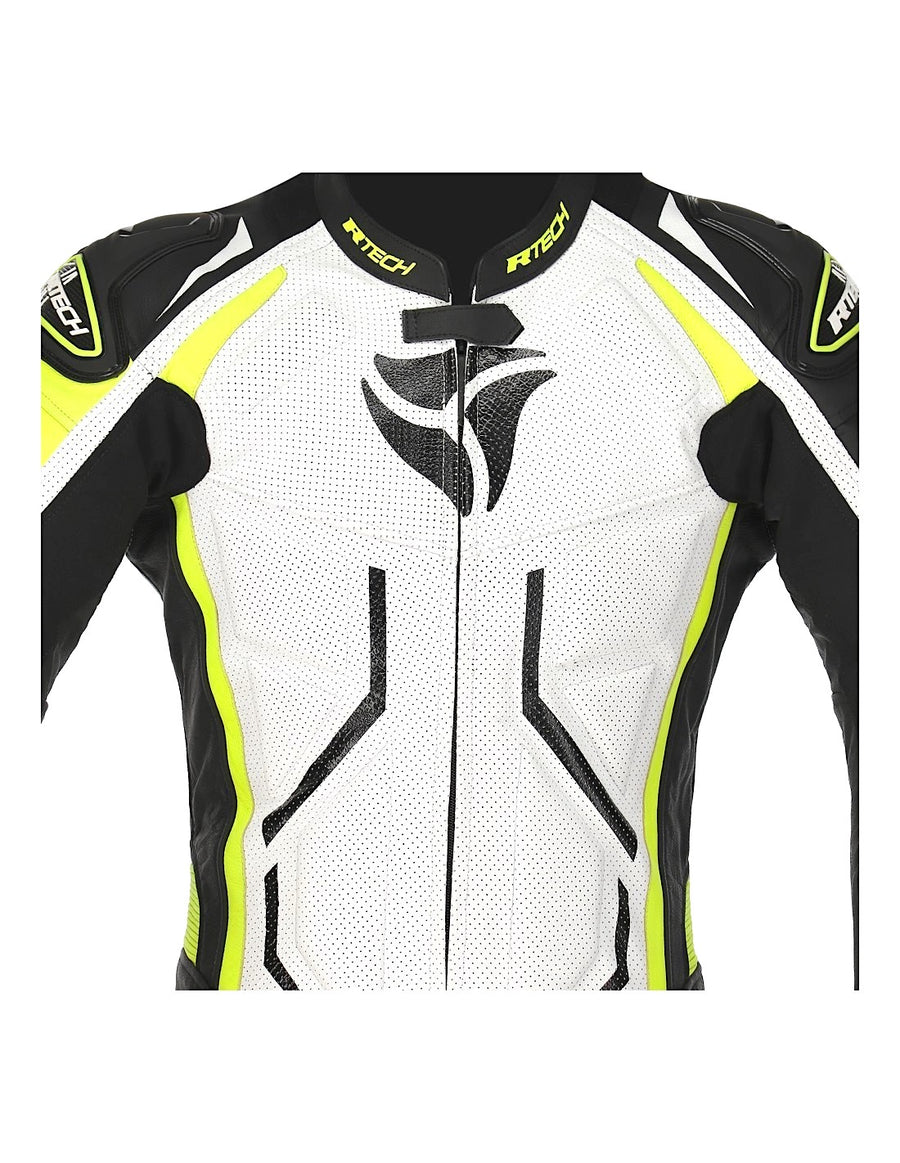 RTech Defender 1Pc Motorcycle GP Racing Suit - White/Fluro Yellow/Black