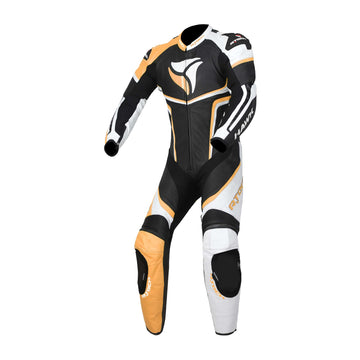 RTech Hawk Mens One Piece Premium Cowhide Motorcycle Suit - Black/Orange/White