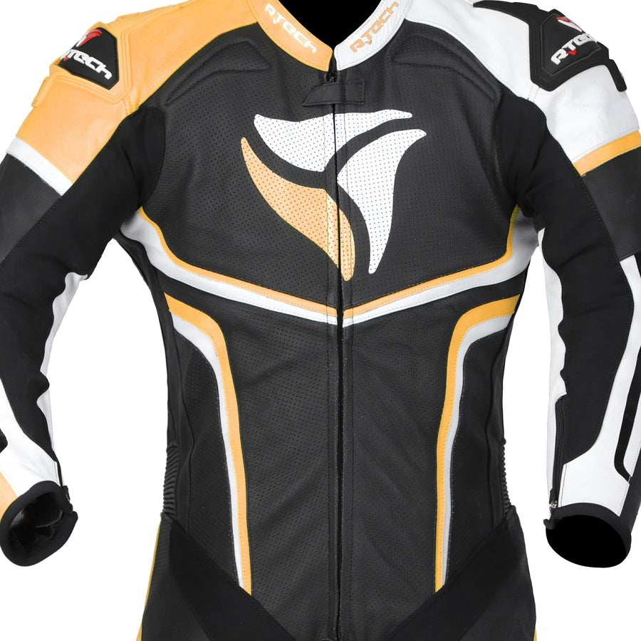 RTech Hawk Mens One Piece Premium Cowhide Motorcycle Suit - Black/Orange/White