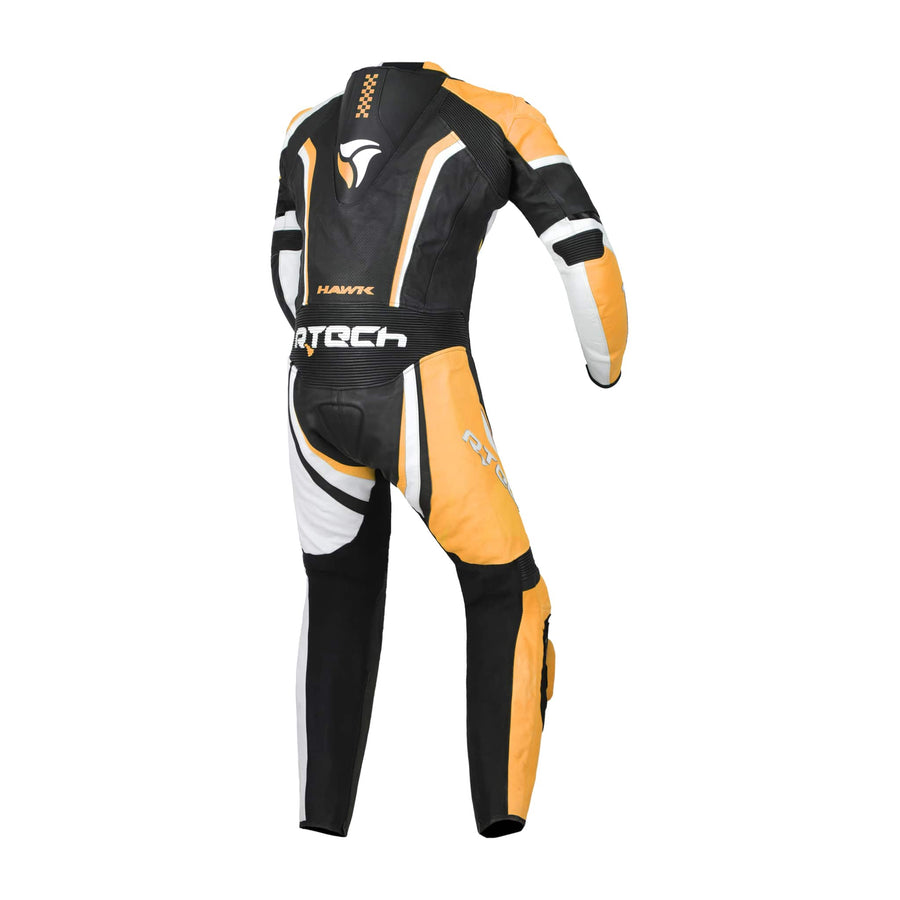 RTech Hawk Mens One Piece Premium Cowhide Motorcycle Suit - Black/Orange/White