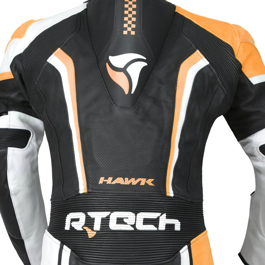 RTech Hawk Mens One Piece Premium Cowhide Motorcycle Suit - Black/Orange/White