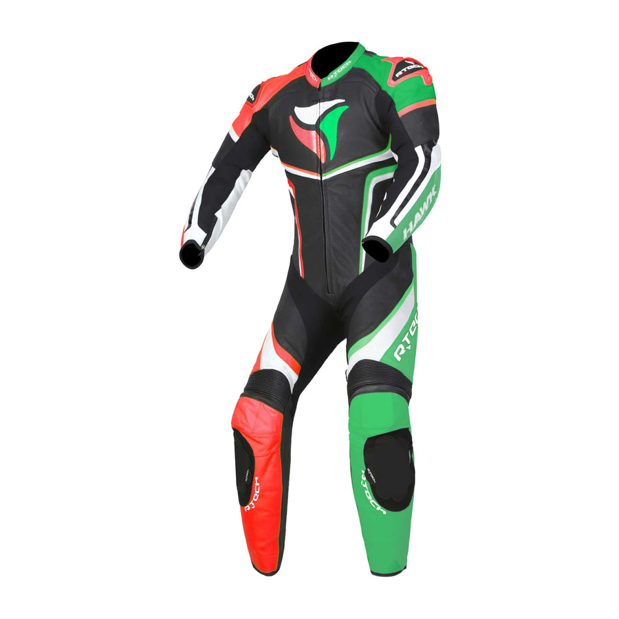 R-Tech Hawk Mens One Piece Premium Cowhide Motorcycle Suit - Black/Green/Red