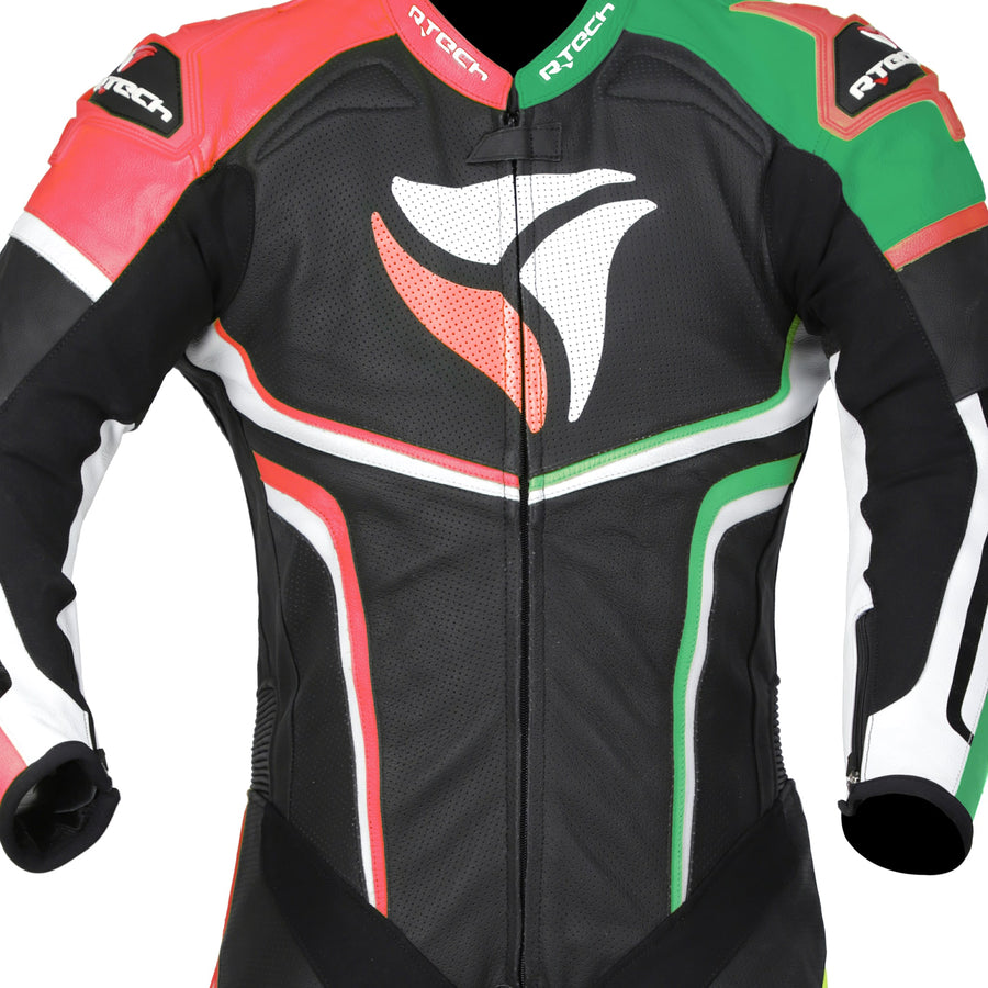 R-Tech Hawk Mens One Piece Premium Cowhide Motorcycle Suit - Black/Green/Red