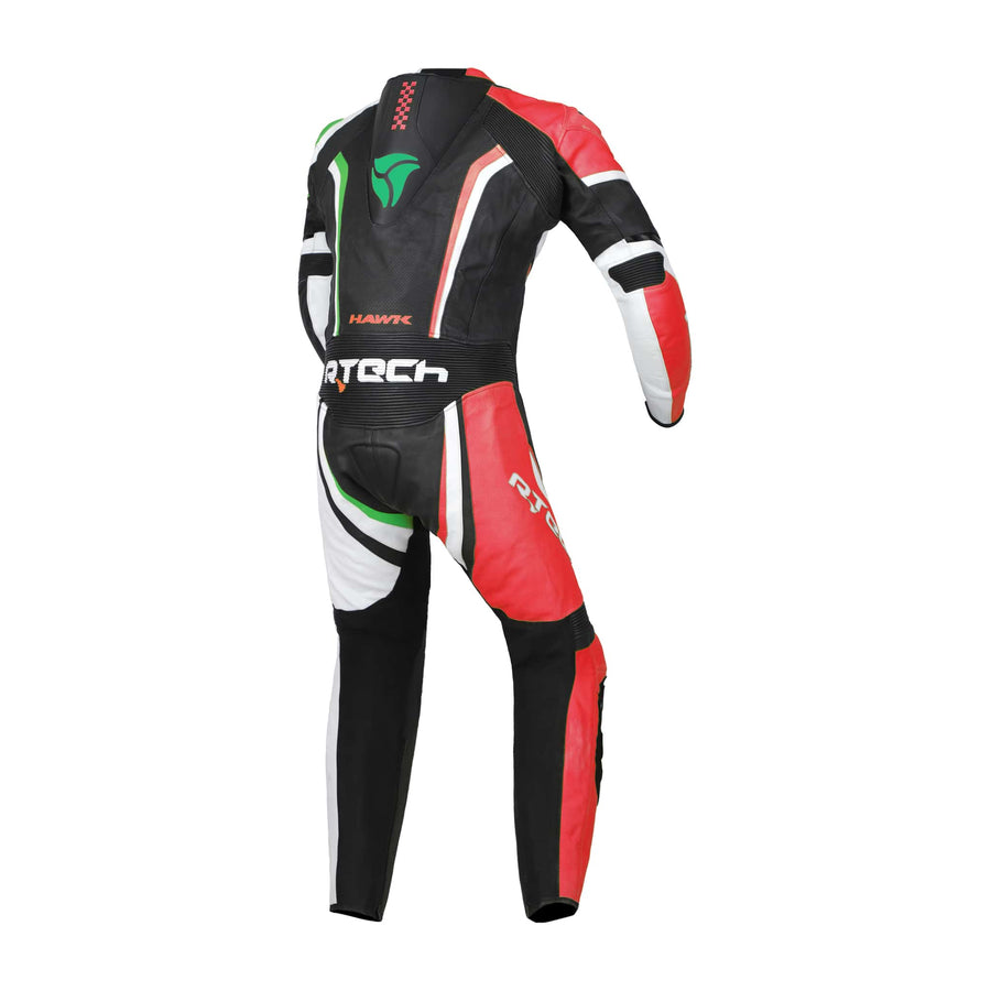 R-Tech Hawk Mens One Piece Premium Cowhide Motorcycle Suit - Black/Green/Red