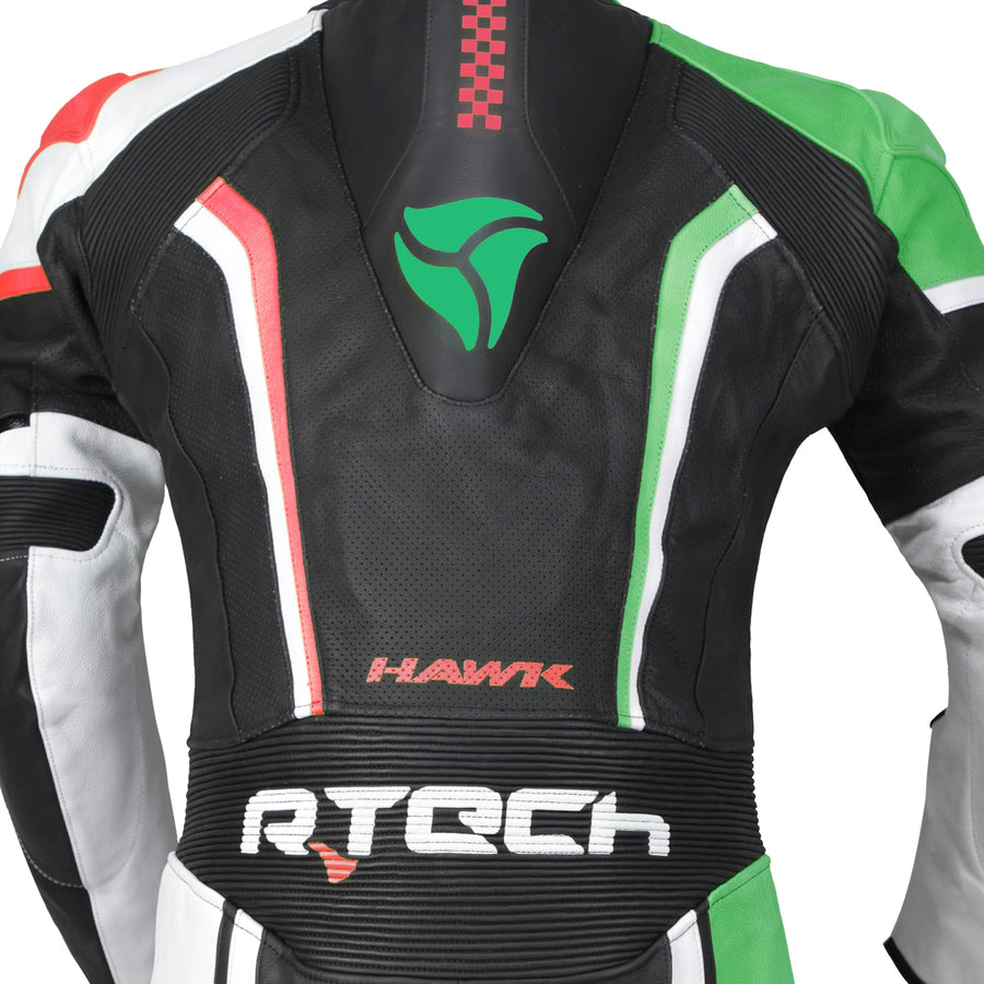 R-Tech Hawk Mens One Piece Premium Cowhide Motorcycle Suit - Black/Green/Red