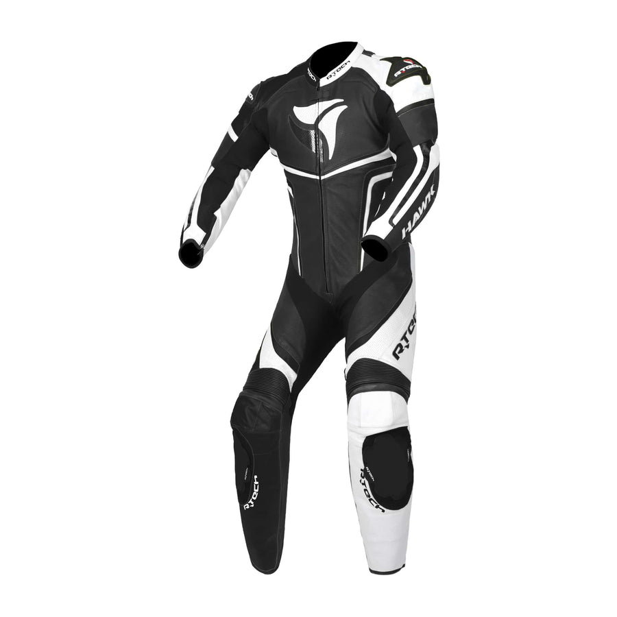 RTech Hawk Mens One Piece Premium Cowhide Motorcycle Suit - Black/White