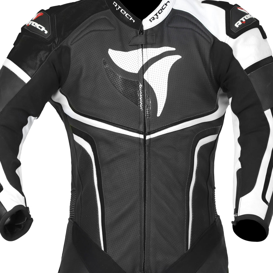 RTech Hawk Mens One Piece Premium Cowhide Motorcycle Suit - Black/White