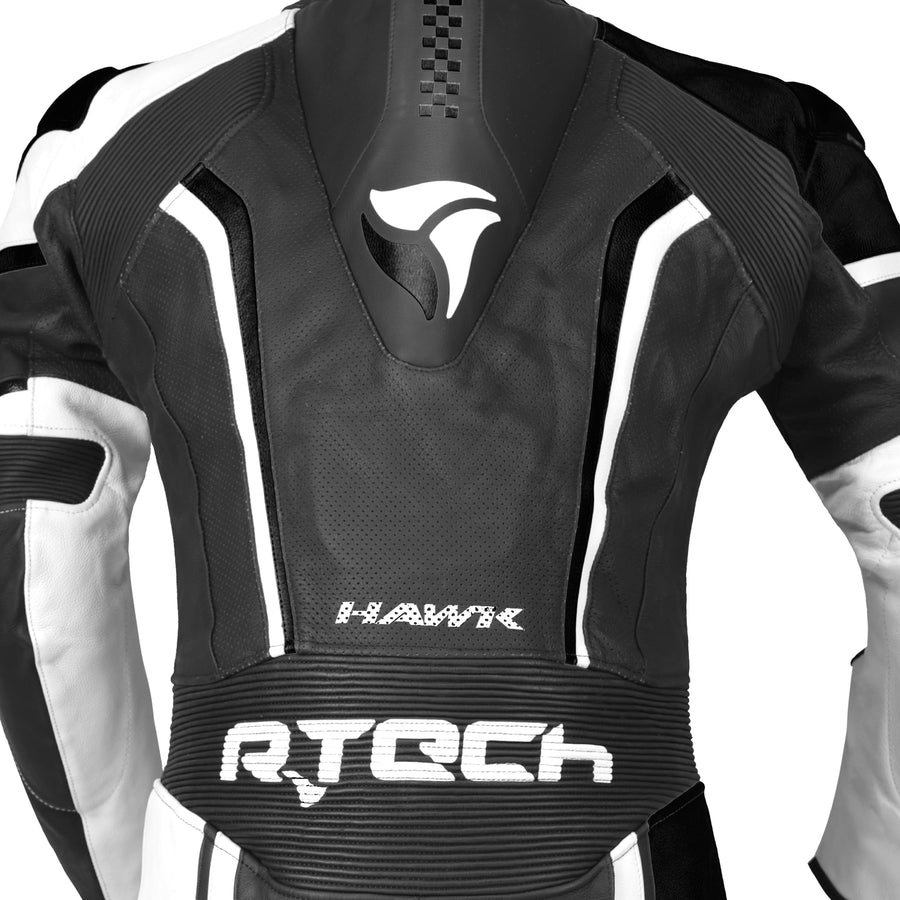 RTech Hawk Mens One Piece Premium Cowhide Motorcycle Suit - Black/White